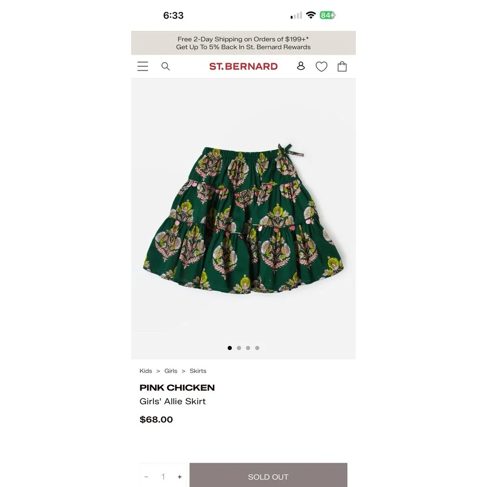 Pink Chicken New York Girls Allie Skirt 5Y Green Floral Tiered Cotton Sequin
